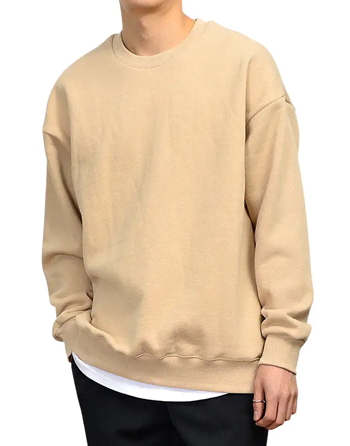 Solid Plain Casual Long Sleeved Sweatshirts Mens Crewneck Tops Napping Heavy Loose Fit Made in Korean Fashion Kpop Style