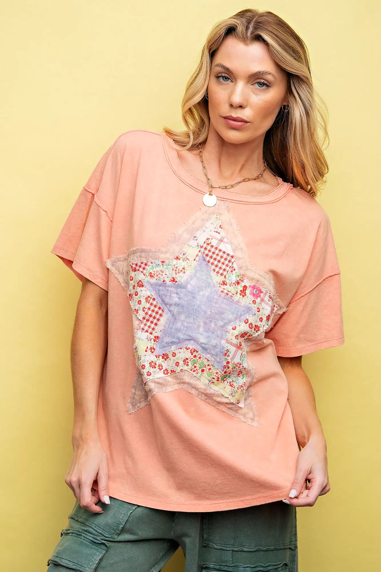 Star Patch Front Washed Cotton Jersey Top