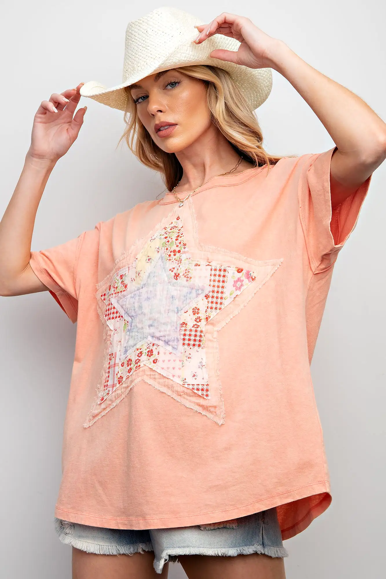 Star Patch Front Washed Cotton Jersey Top