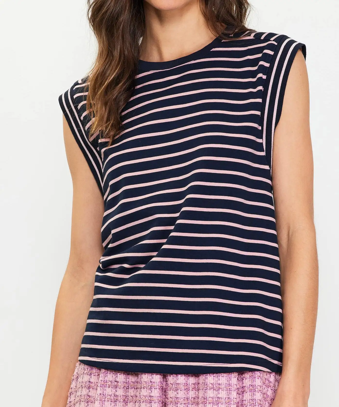 Striped Sleeveless Rib Top - Navy/Pink