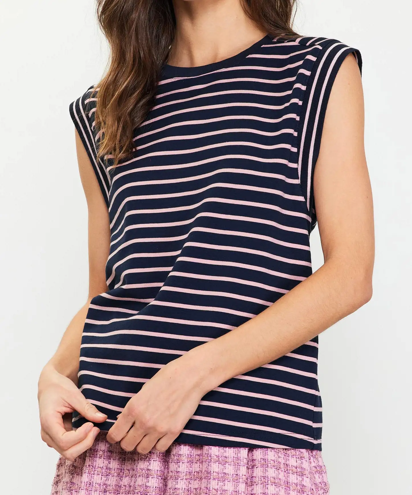 Striped Sleeveless Rib Top - Navy/Pink