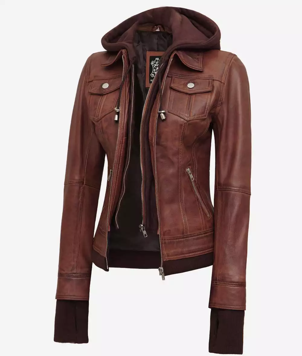 Tralee Women's Dark Brown Bomber Leather Jacket With Removable Hood