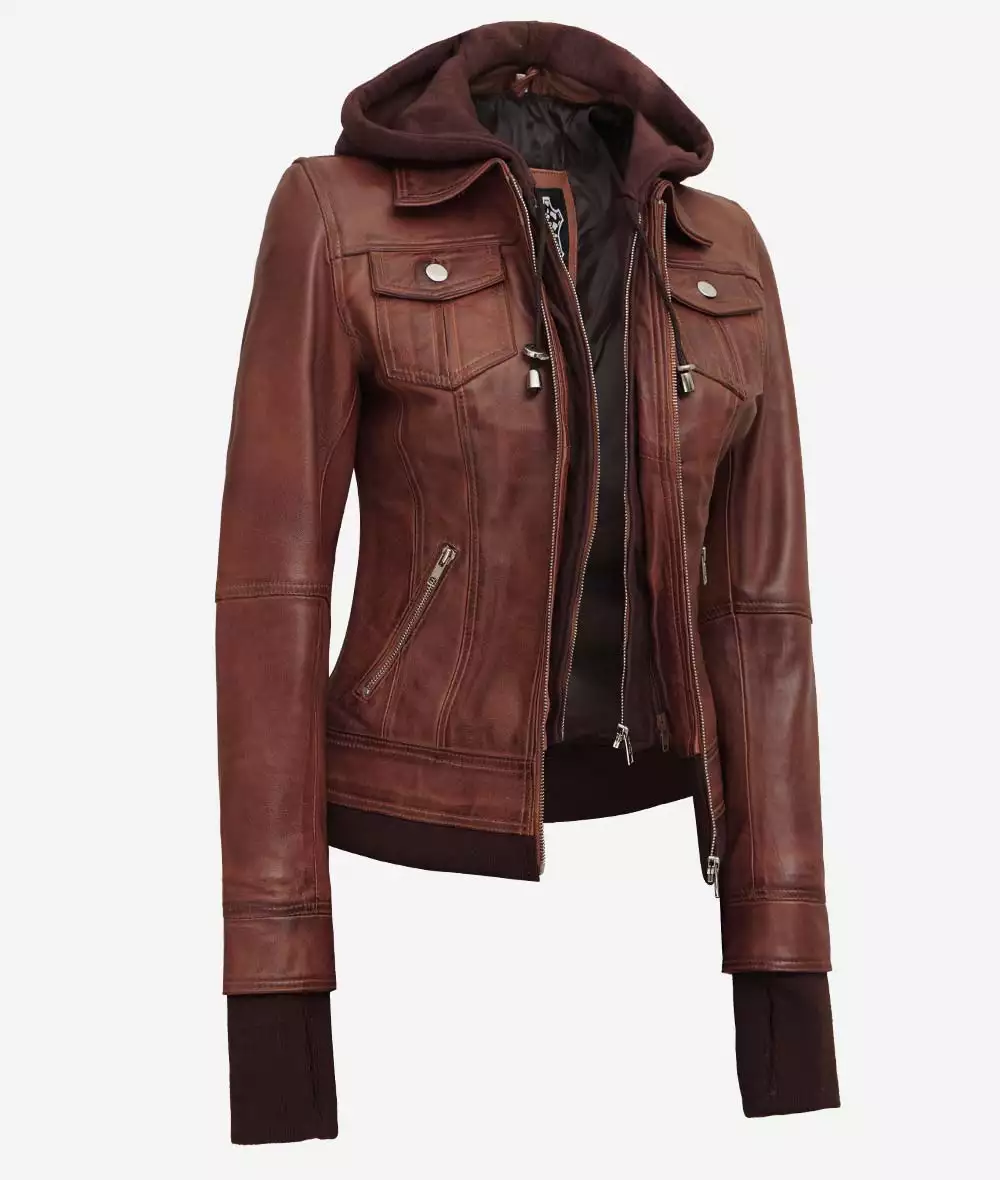 Tralee Women's Dark Brown Bomber Leather Jacket With Removable Hood