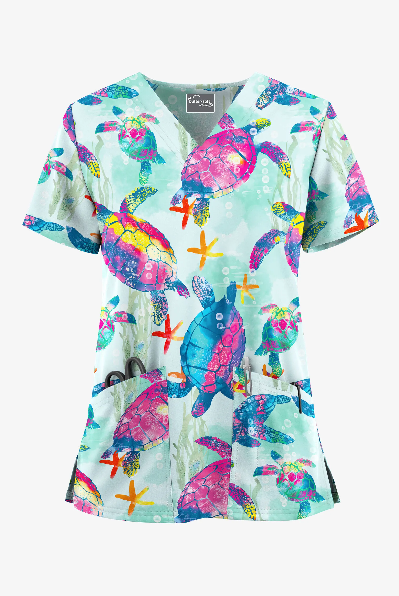 UA Butter-Soft STRETCH Turtle Journey Galaxy Women's 2-Pocket V-Neck Print Scrub Top