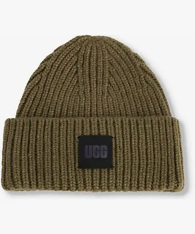 Ugg Womens Burnt Olive Logo-patch chunky-rib stretch-knit beanie hat