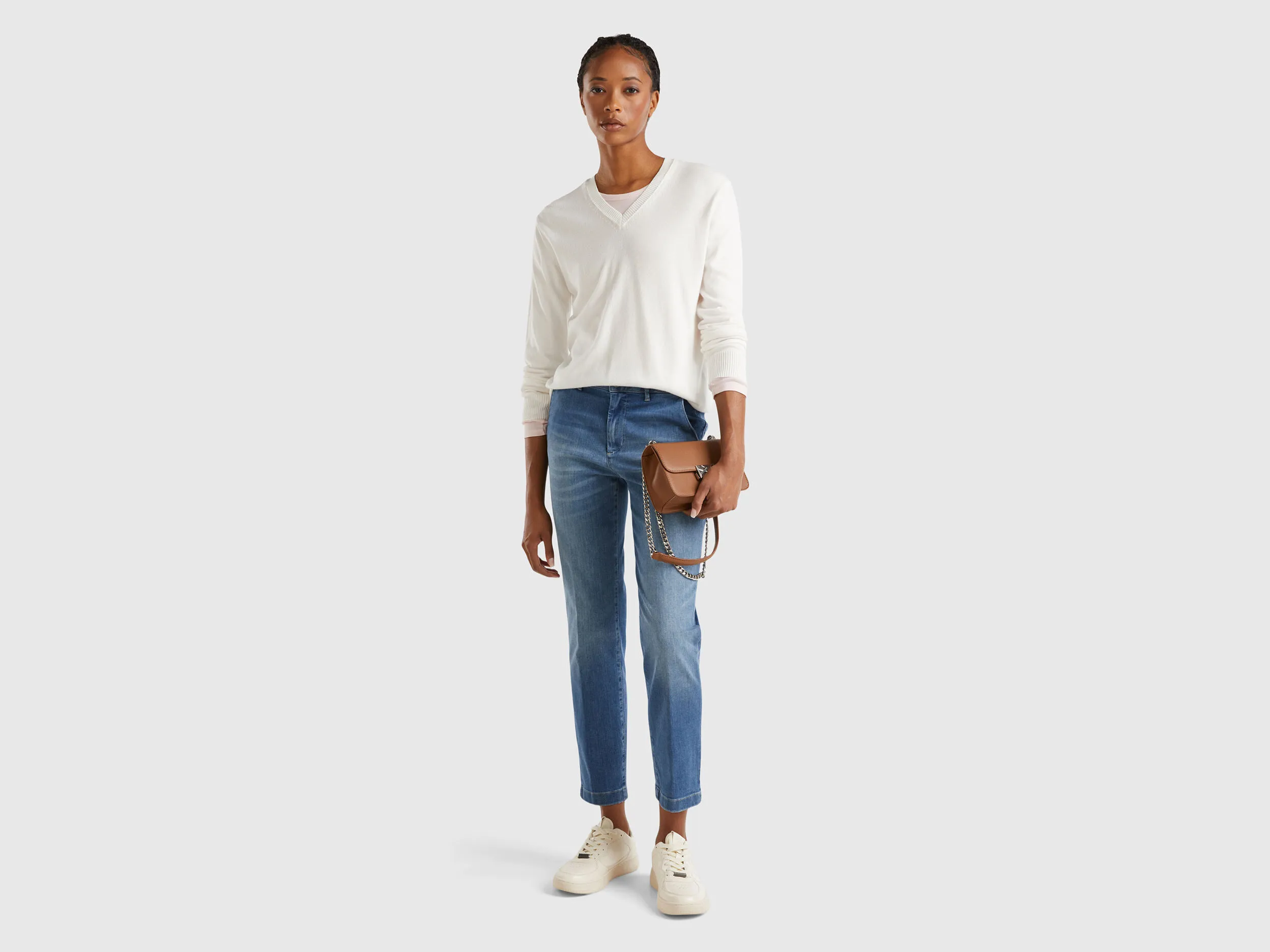 V-neck sweater in Modal® blend - Creamy White | Benetton