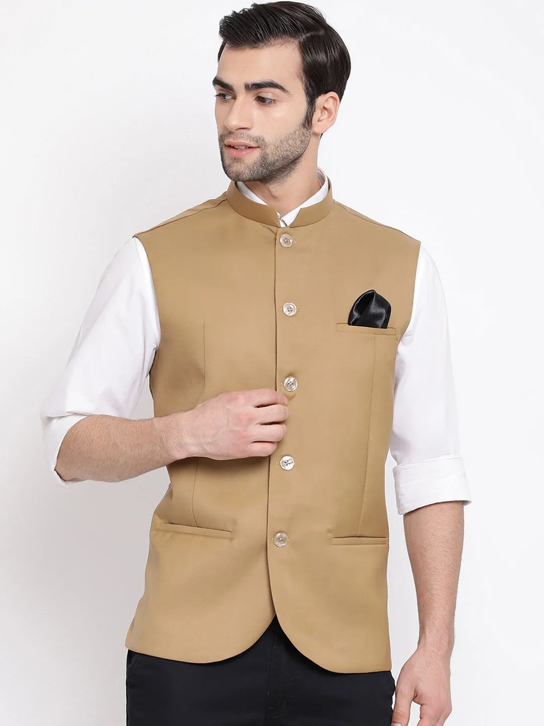 VASTRAMAY Men' s Beige Cotton Blend Twill Nehru Jacket