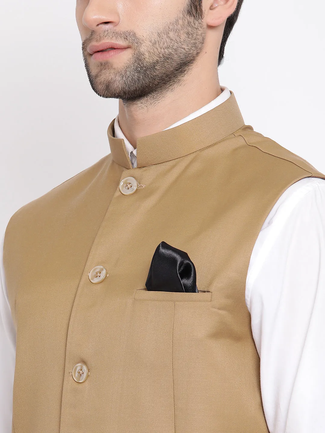 VASTRAMAY Men' s Beige Cotton Blend Twill Nehru Jacket