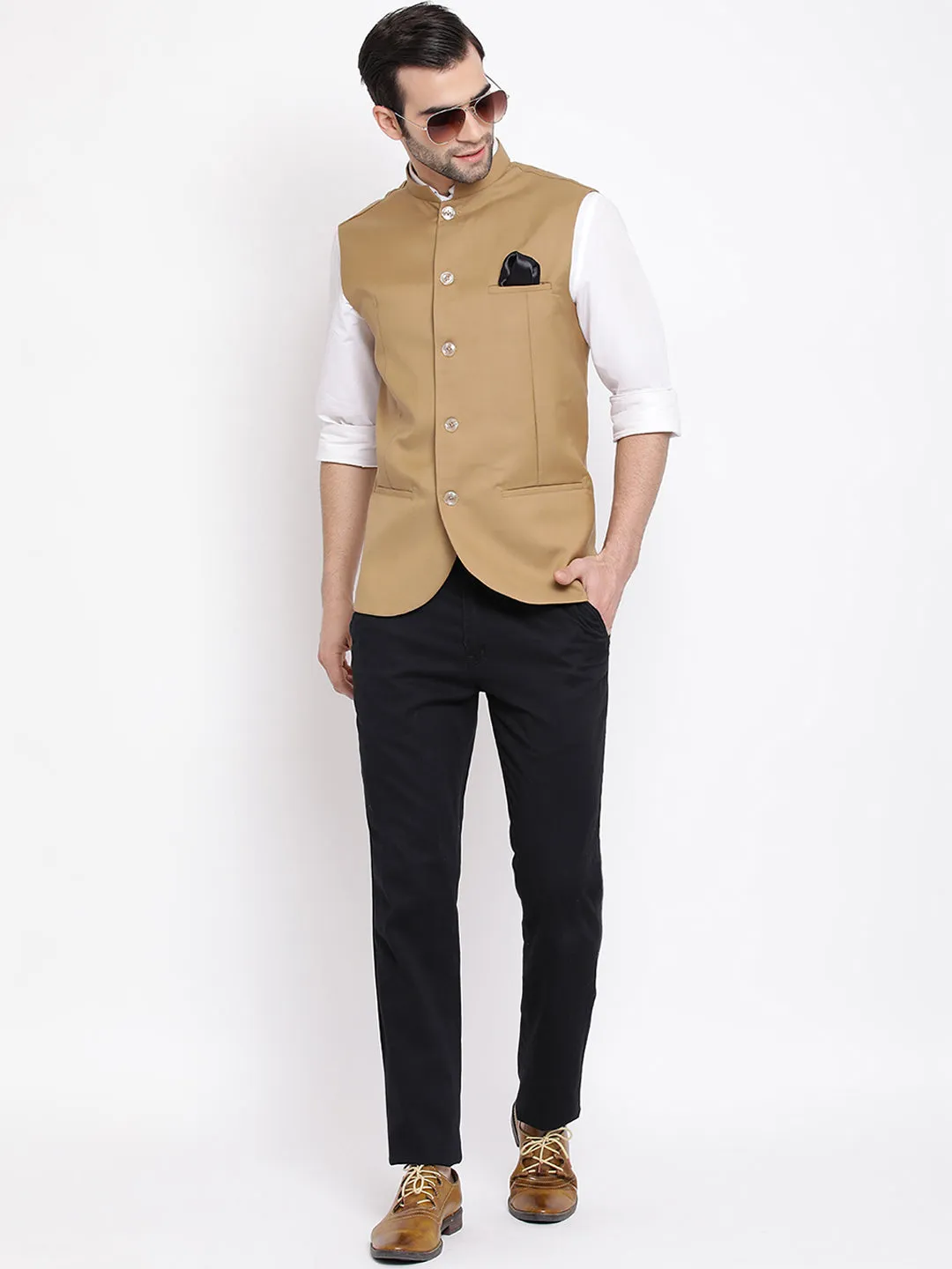 VASTRAMAY Men' s Beige Cotton Blend Twill Nehru Jacket