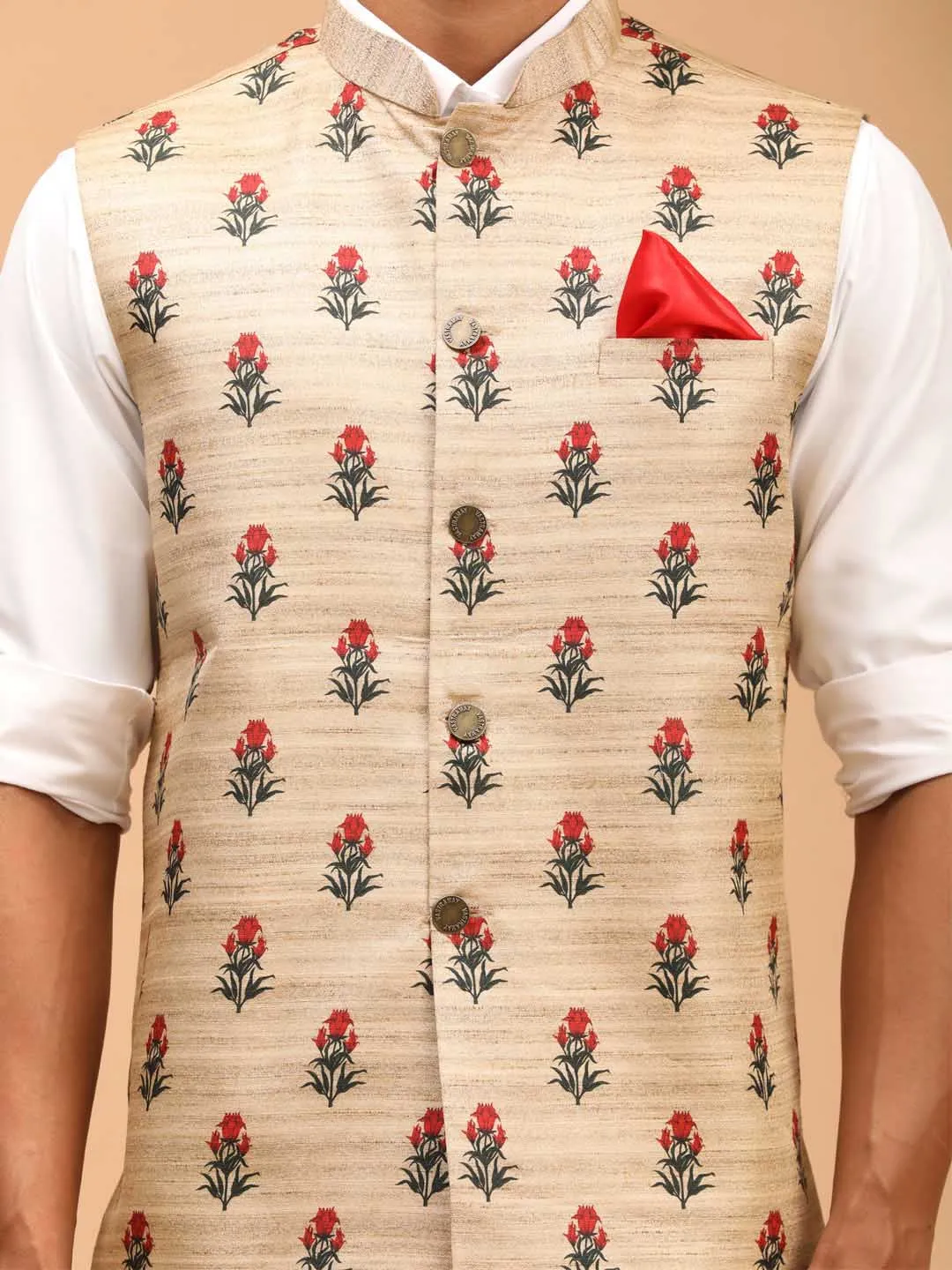 VASTRAMAY Men's Beige Rose Print Matka Silk Nehru Jacket