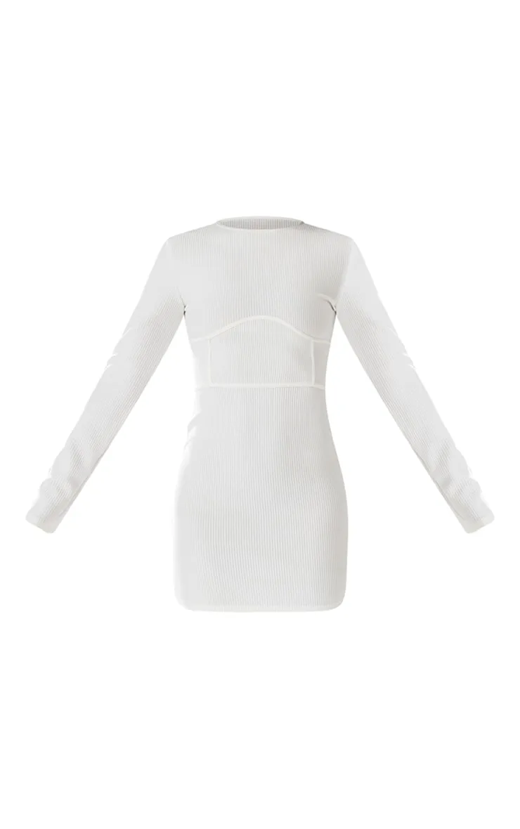 White Rib Binding Detail Long Sleeve Bodycon Dress