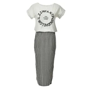 Women 2 in 1 One-piece Letter Print Striped Blouse Dress Midi Long Short Sleeve Bodycon Dress  In Stock SM6