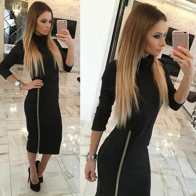 Women Dress Vestido Solid Plus size High Collar Zipper Bodycon Party Dresses Long Sleeve vestidos