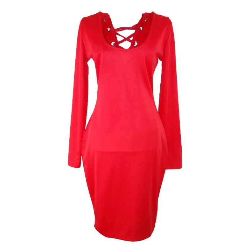 Women Sexy Bodycon Bandage Dress Backless Drawstring Hip Wrap Long Sleeve Dresses SM6