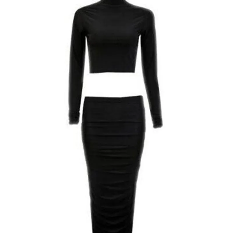 Womens Boutique Two Piece Set Black Grey Colour Long Sleeve Top and Bodycon Dress SM6