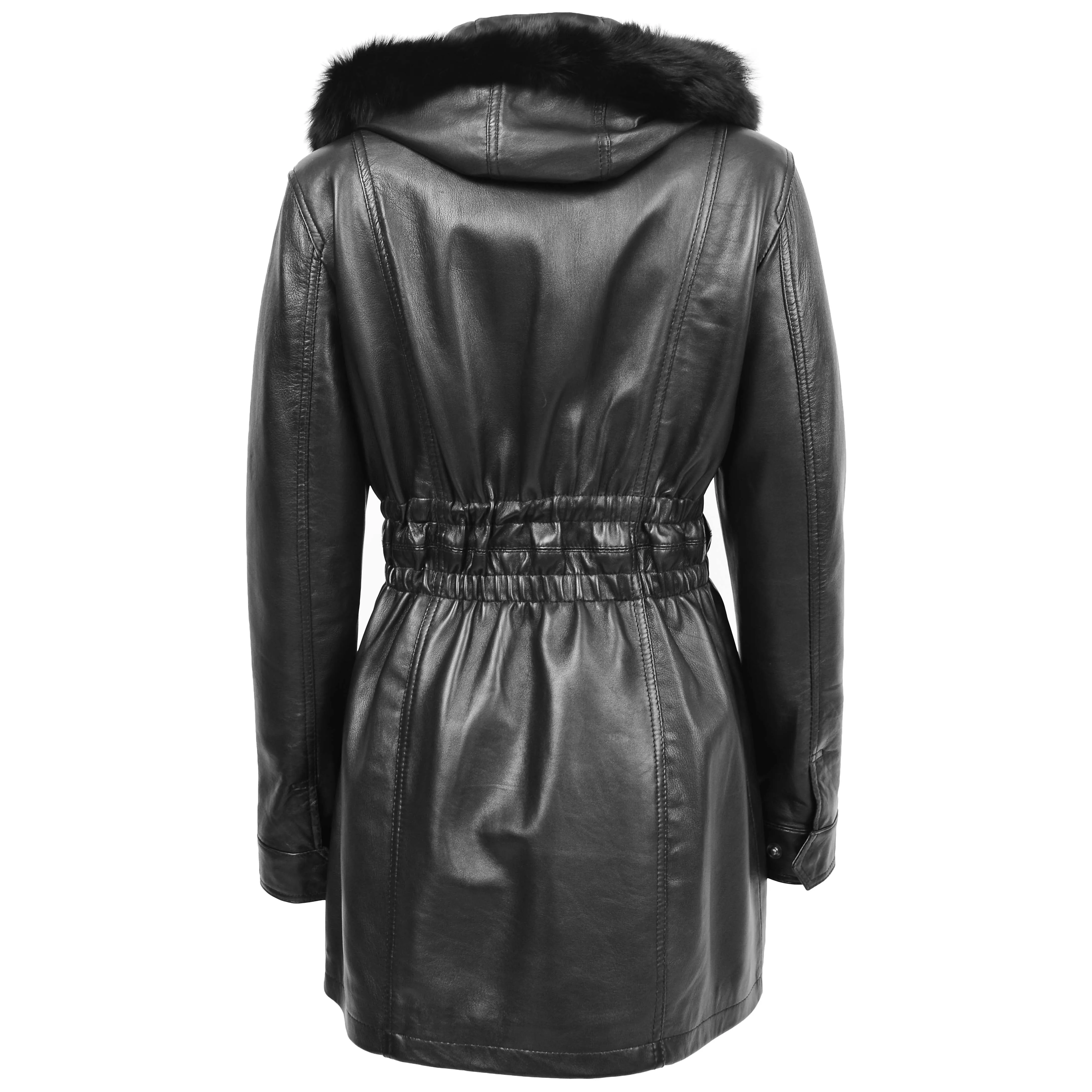 Womens Detachable Hoodie Leather Coat Kathy Black