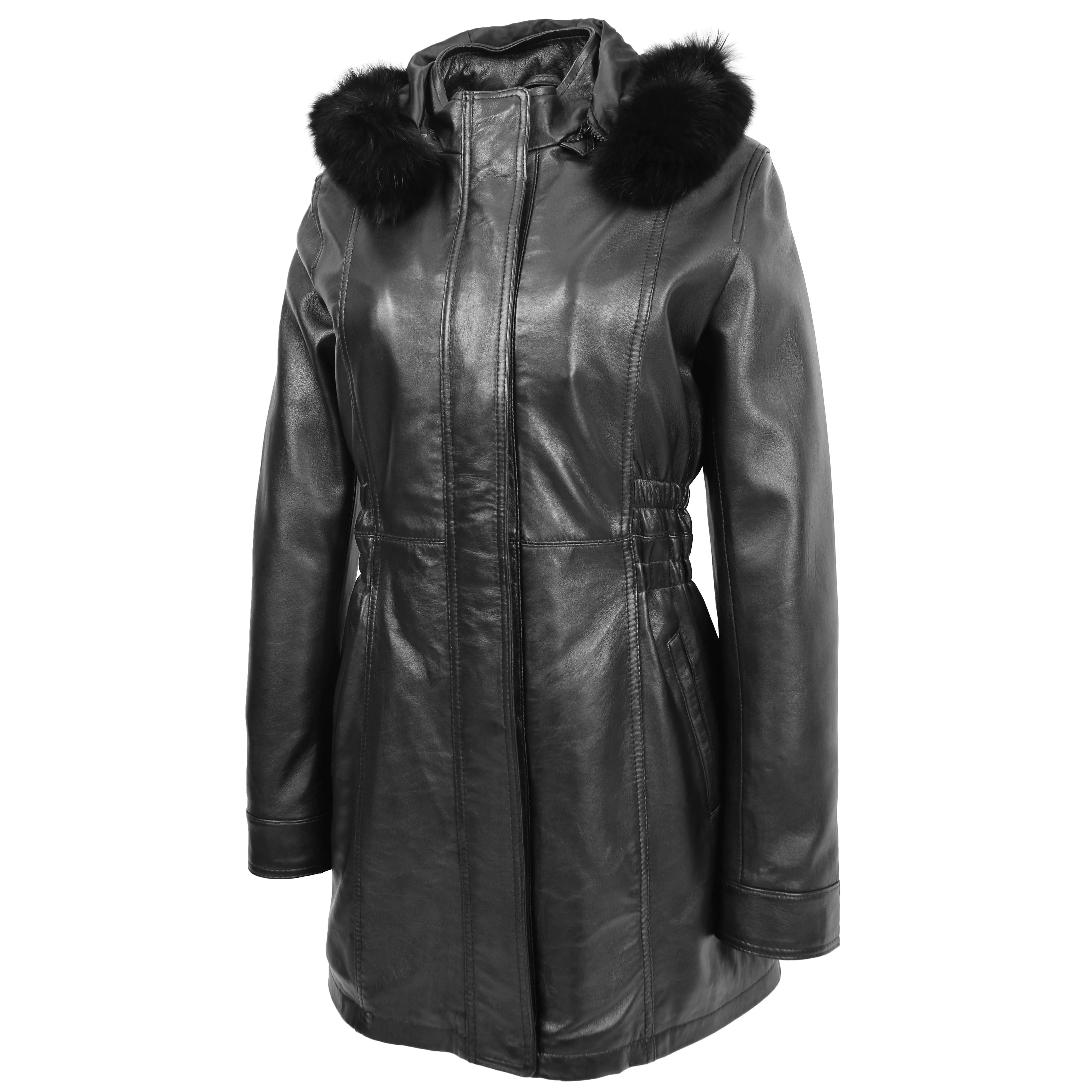 Womens Detachable Hoodie Leather Coat Kathy Black