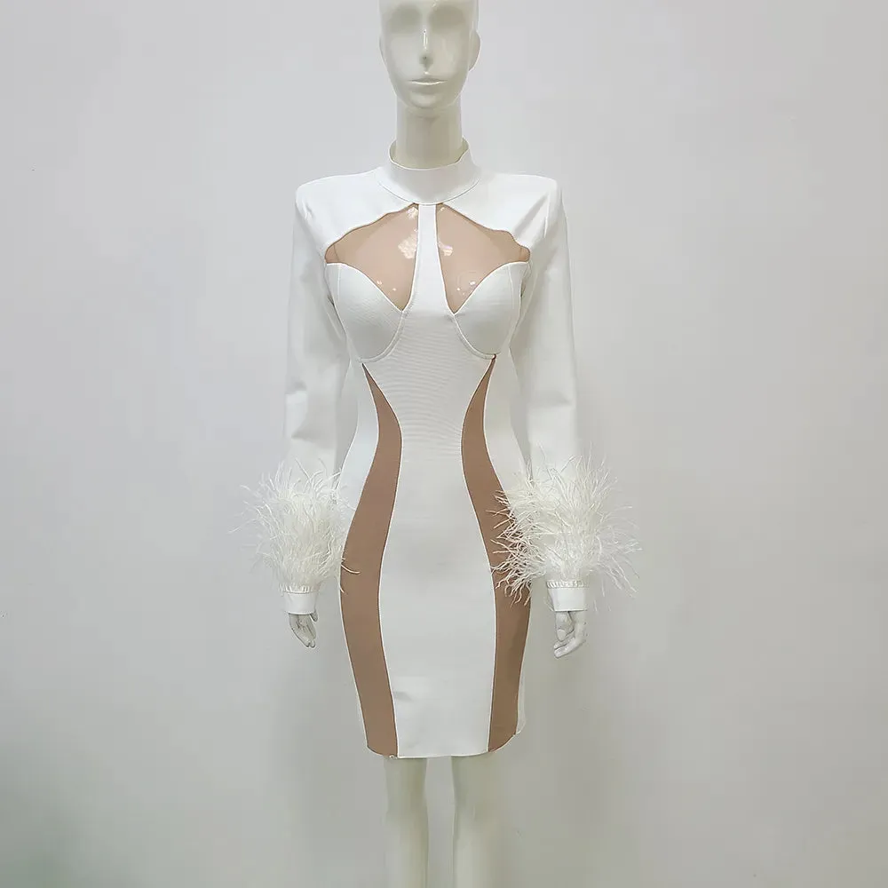 Women's Feather Decor Long Sleeve Sexy Bodycon Mini Bandage Dress