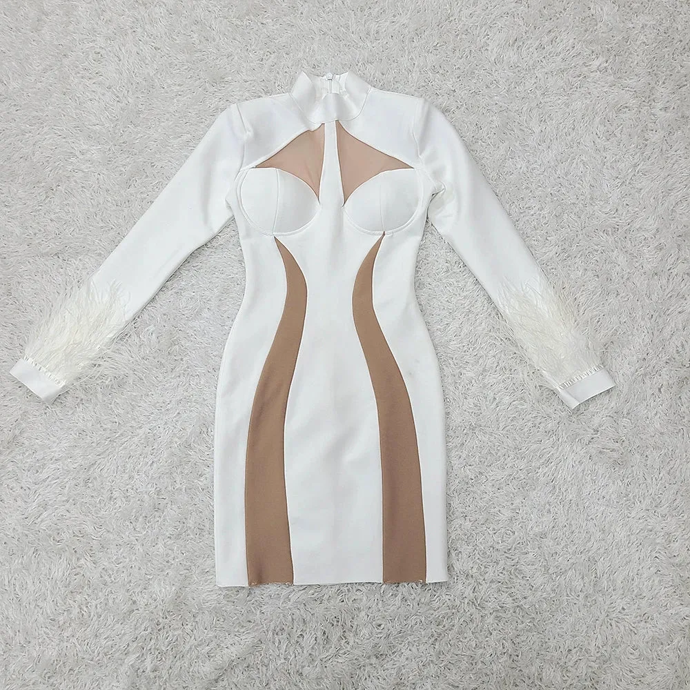 Women's Feather Decor Long Sleeve Sexy Bodycon Mini Bandage Dress