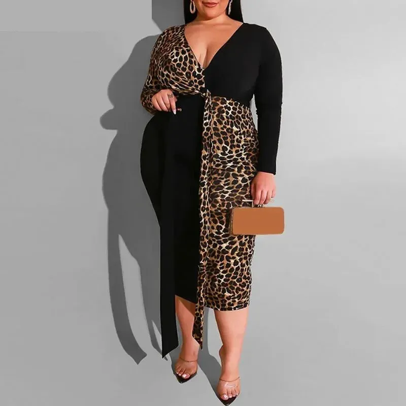 Women's Leopard Patchworked V Neck Sashes Long Sleeved Bodycon Dress