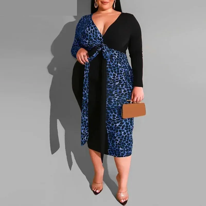 Women's Leopard Patchworked V Neck Sashes Long Sleeved Bodycon Dress