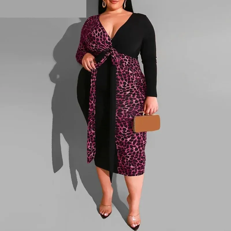 Women's Leopard Patchworked V Neck Sashes Long Sleeved Bodycon Dress