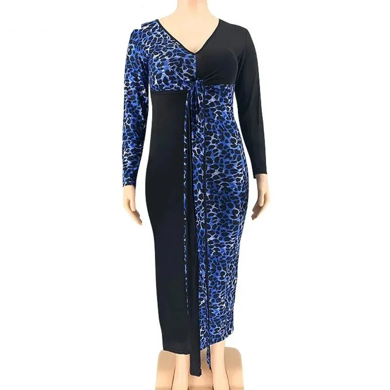 Women's Leopard Patchworked V Neck Sashes Long Sleeved Bodycon Dress