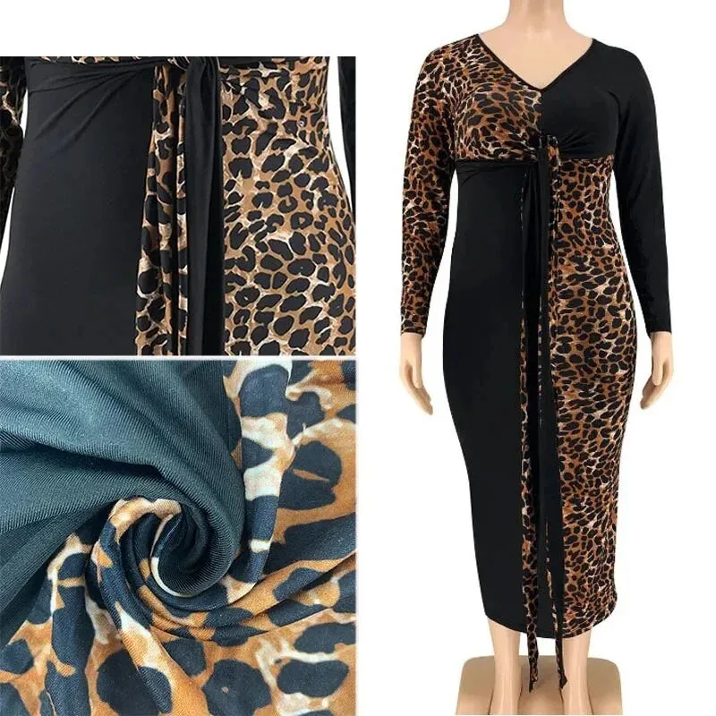 Women's Leopard Patchworked V Neck Sashes Long Sleeved Bodycon Dress