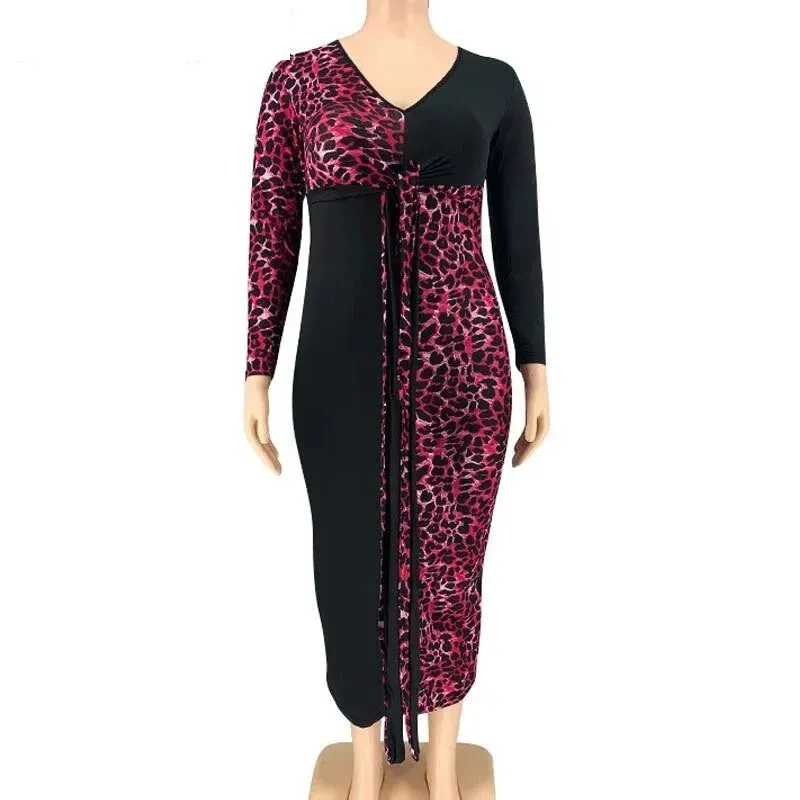 Women's Leopard Patchworked V Neck Sashes Long Sleeved Bodycon Dress