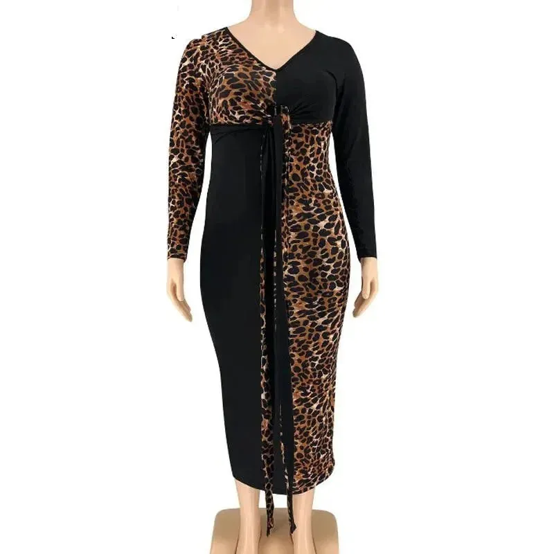 Women's Leopard Patchworked V Neck Sashes Long Sleeved Bodycon Dress