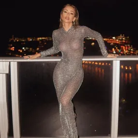 Women's Sexy Long Sleeve O-neck See-Through Sequined Bodycon Party Dress