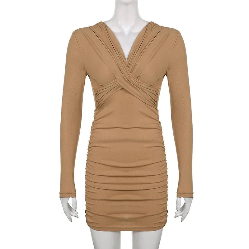 Women's Sexy Solid V Neck Long Sleeve Mini Folds Bodycon Dresses for Club