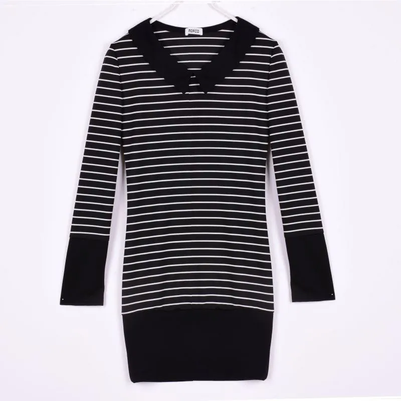 Womens Turn Down Collar Long Sleeve Stripe Bodycon Office Lady Pencil Mini Dress SM6