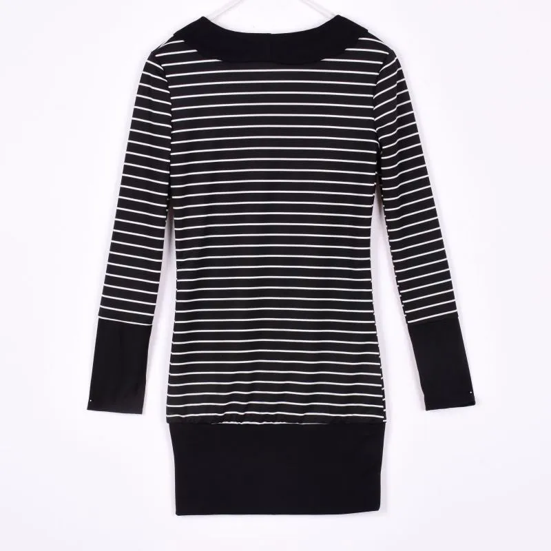 Womens Turn Down Collar Long Sleeve Stripe Bodycon Office Lady Pencil Mini Dress SM6