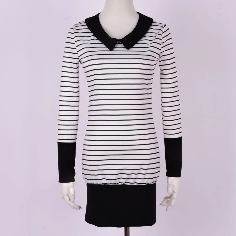 Womens Turn Down Collar Long Sleeve Stripe Bodycon Office Lady Pencil Mini Dress SM6