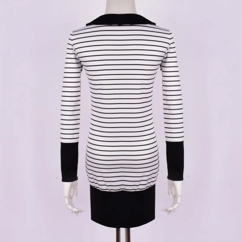 Womens Turn Down Collar Long Sleeve Stripe Bodycon Office Lady Pencil Mini Dress SM6