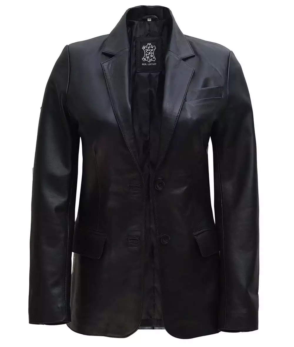 Womens Two Button Notch Lapel Black Leather Blazer Jacket