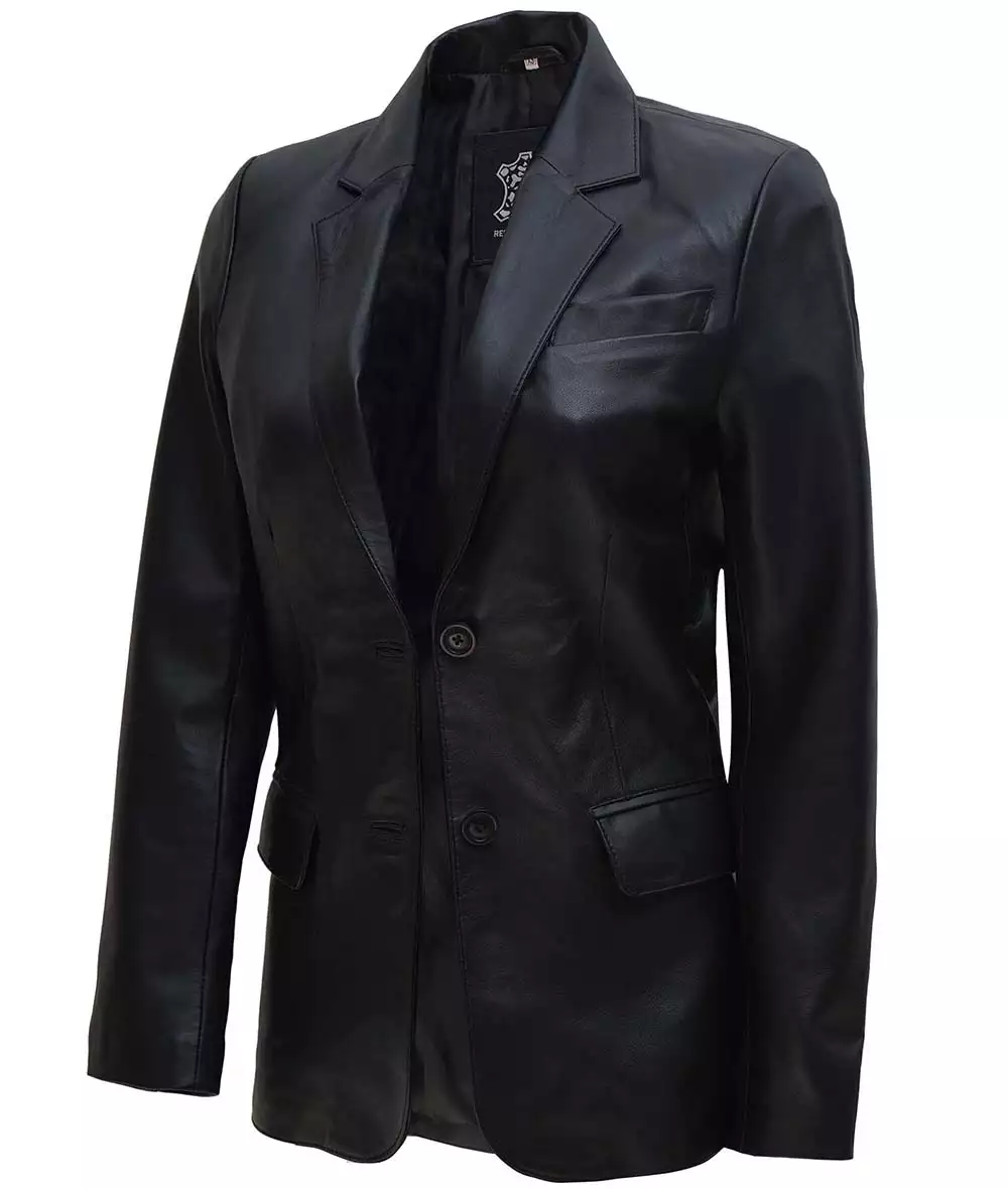 Womens Two Button Notch Lapel Black Leather Blazer Jacket