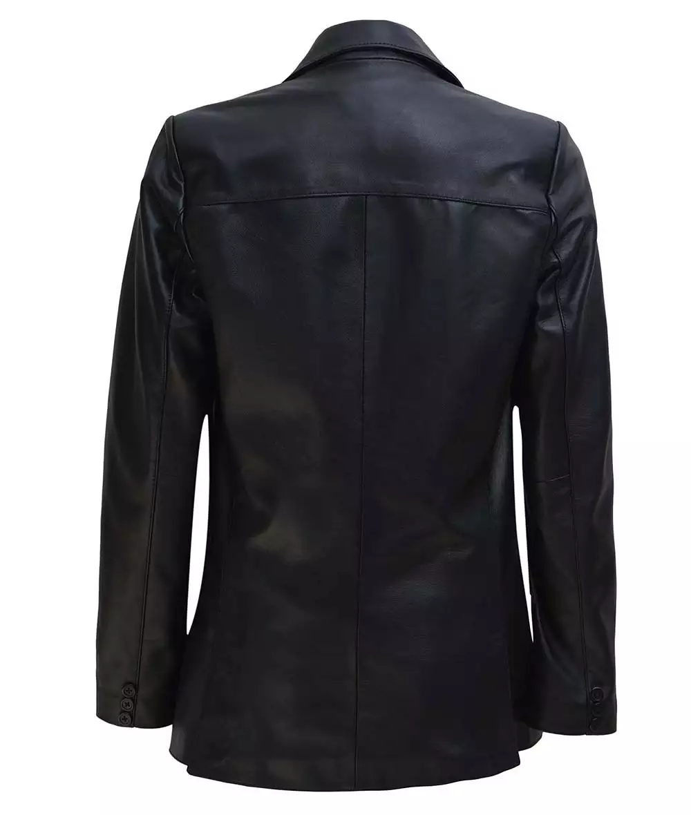 Womens Two Button Notch Lapel Black Leather Blazer Jacket