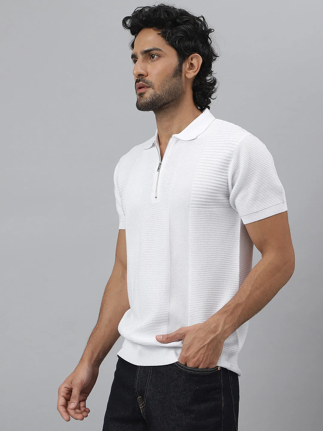 Zipper Polo Knit White T-shirt - Maverick